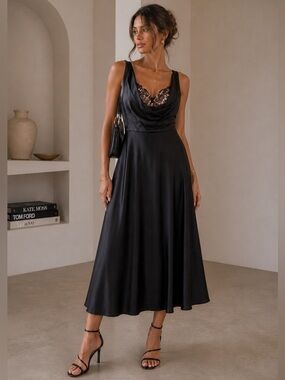 Sau Lee Black Satin Lace Bodice Drape Midi Dress Womens Size US 8 New NWT